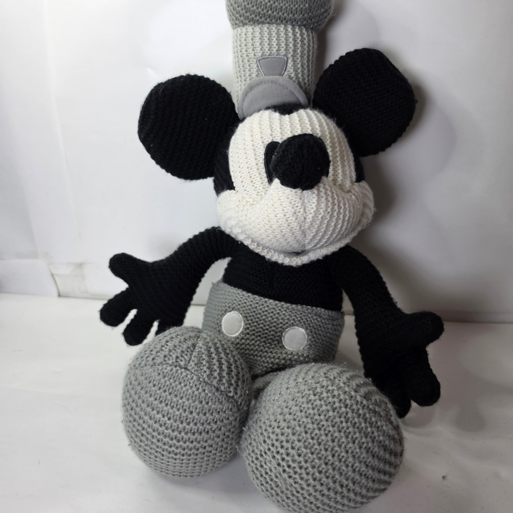 Disney Parks Steamboat Willie Mickey Mouse Knit Crochet Plush Toy Classic Grey